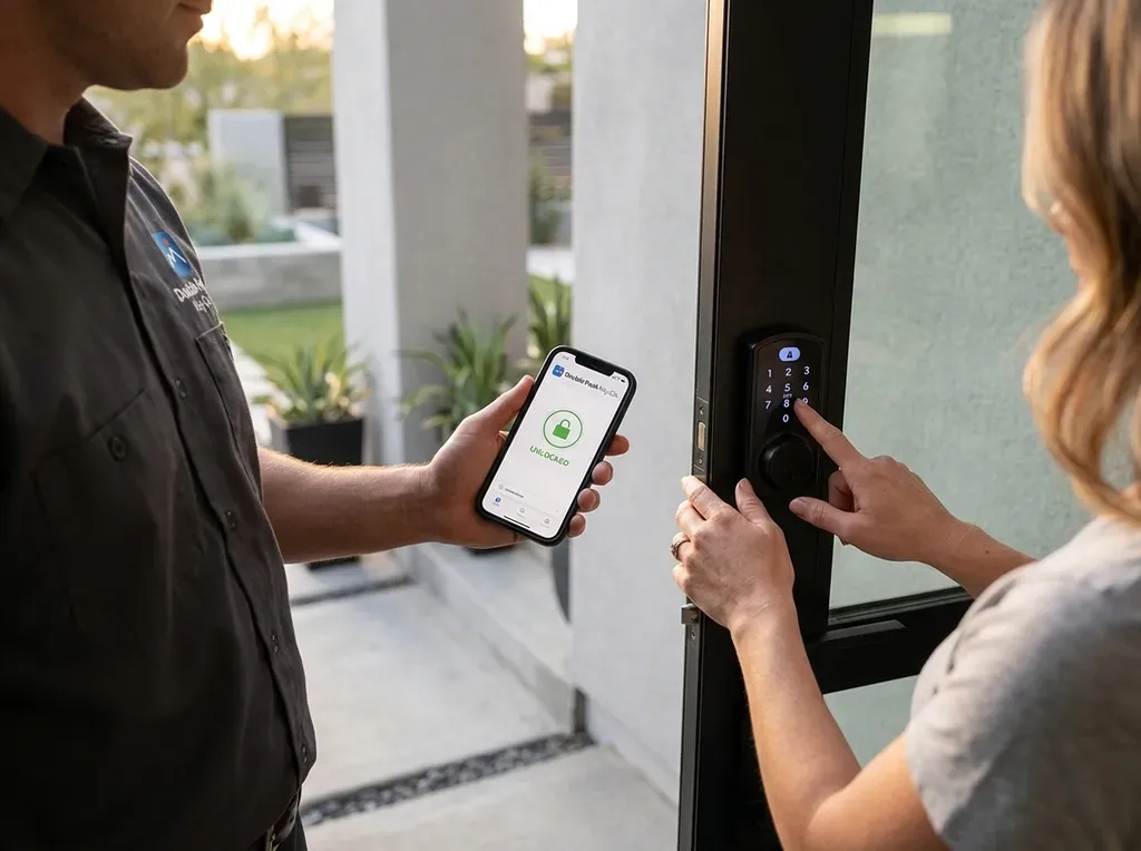 Homeowner entering a new user code on a keypad deadbolt while the tech watches the app confirm it