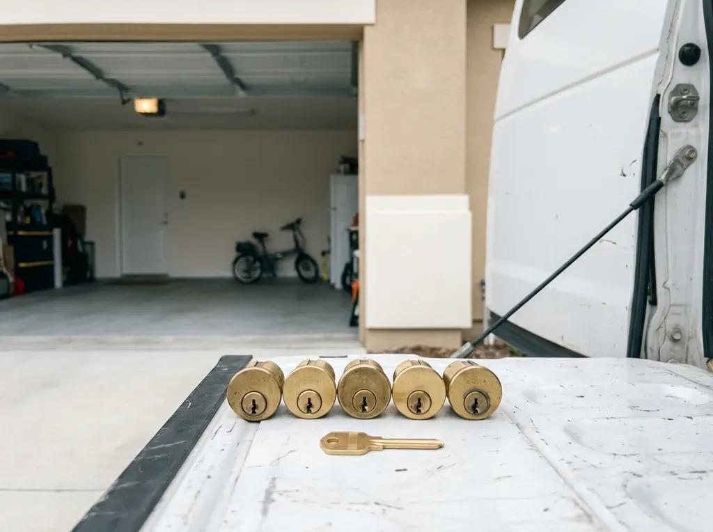 Five rekeyed cylinders lined up on the tailgate with a single new key, garage-entry door open behind