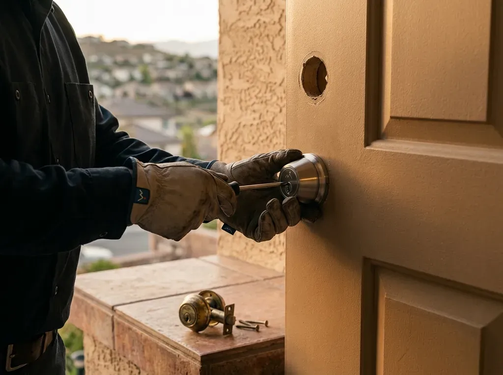 New satin nickel deadbolt going onto a stucco entry in Discovery Hills, old builder deadbolt on the step