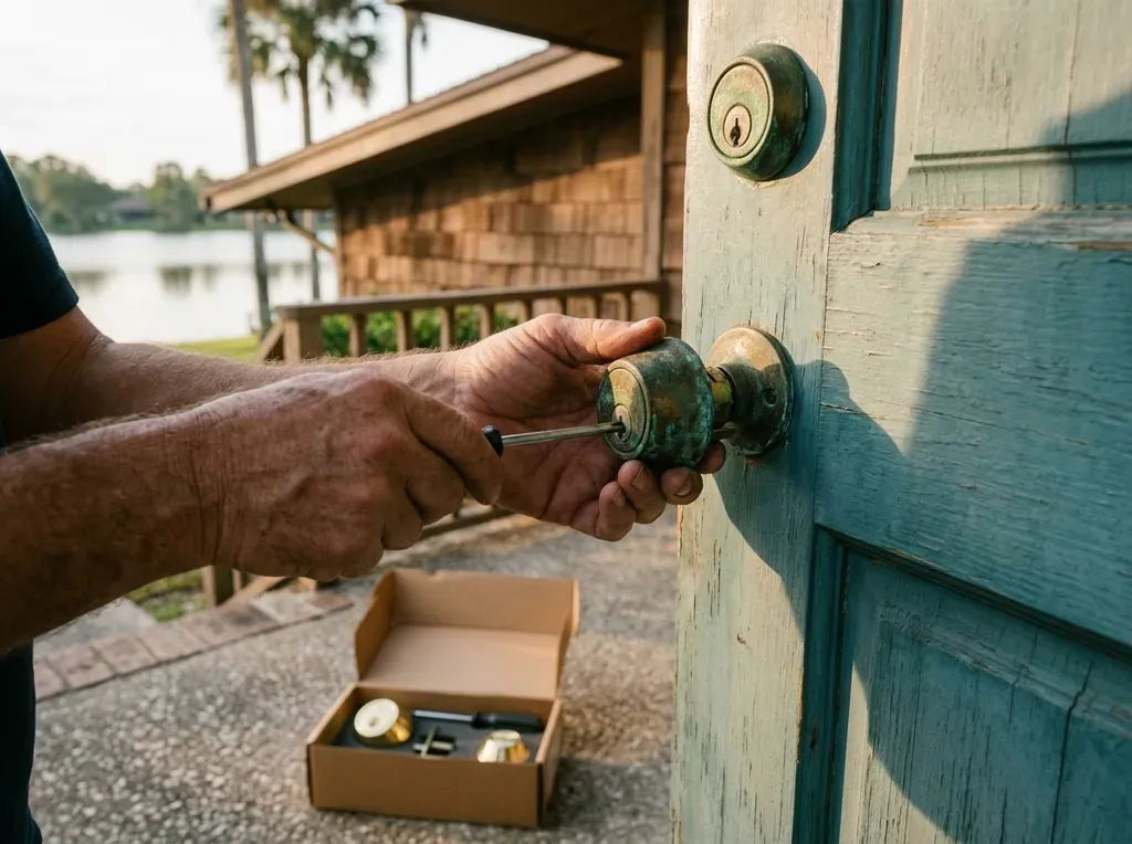 Worn brass deadbolt being replaced on a single-story lakeside home at Lake San Marcos