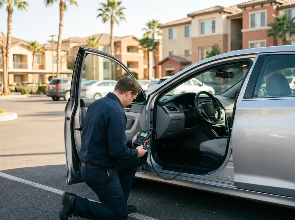 Programming a key fob with the driver door open in an apartment parking lot in the University District near CSUSM